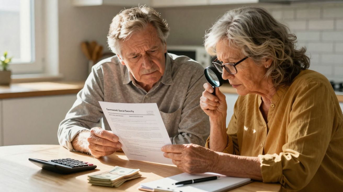 Casal sénior analisa documento com lupa à mesa com calculadora, notas e caderno numa cozinha iluminada.