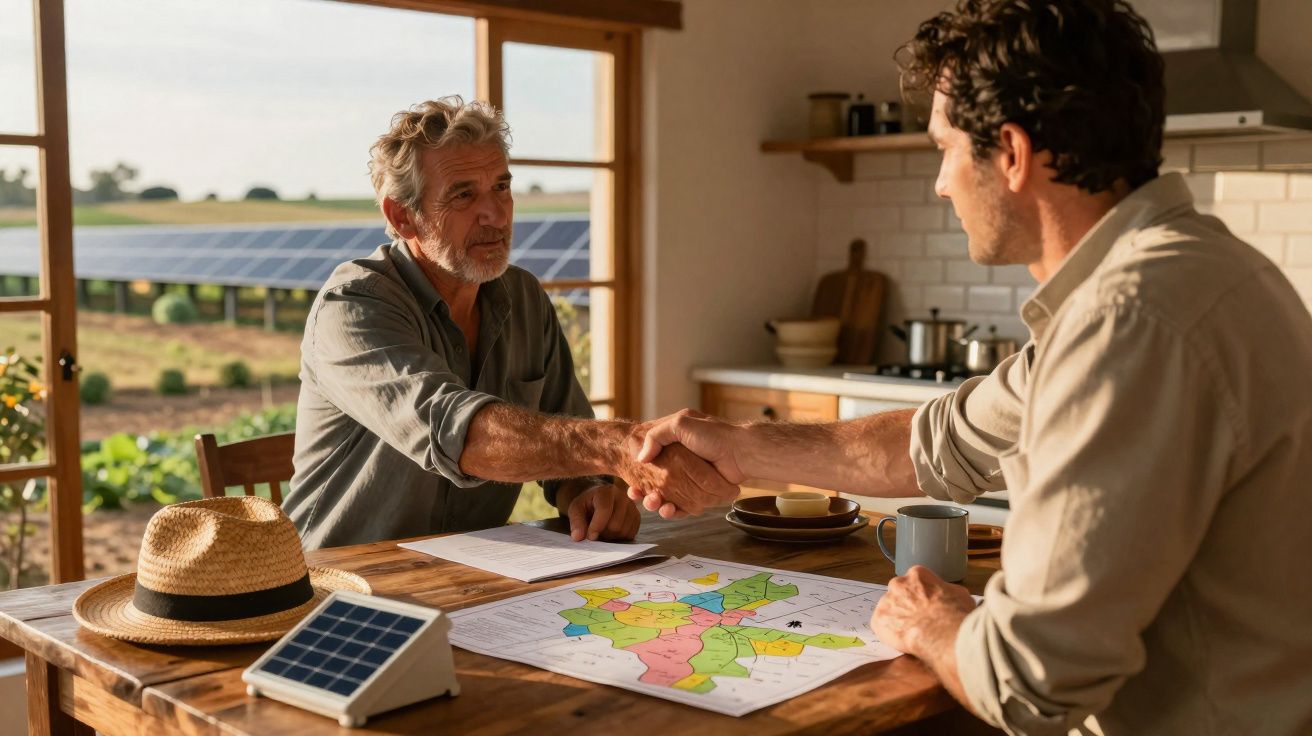 Dois homens a apertar as mãos numa cozinha com painéis solares visíveis pela janela e mapa sobre a mesa.