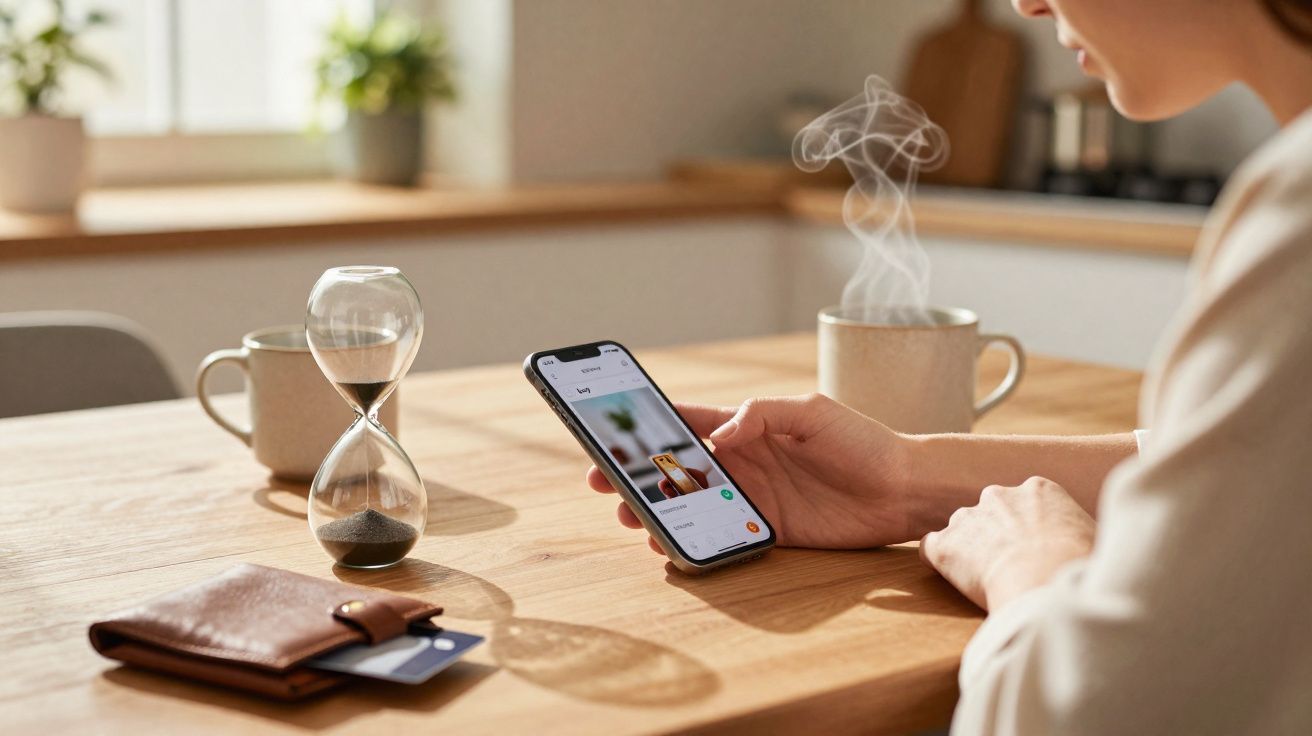Pessoa com smartphone sentada à mesa com ampulheta, carteira e chá quente a vaporizar.