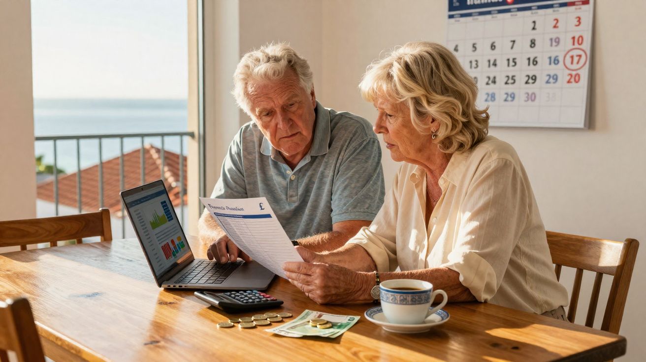 Casal sénior a analisar documentos financeiros junto a computador, com moedas e notas numa mesa de madeira.