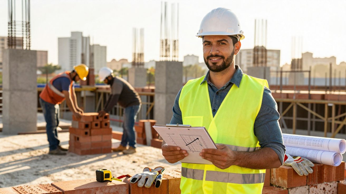 Engenheiro de obra com colete refletor e capacete, segurando prancheta numa construção ao ar livre.