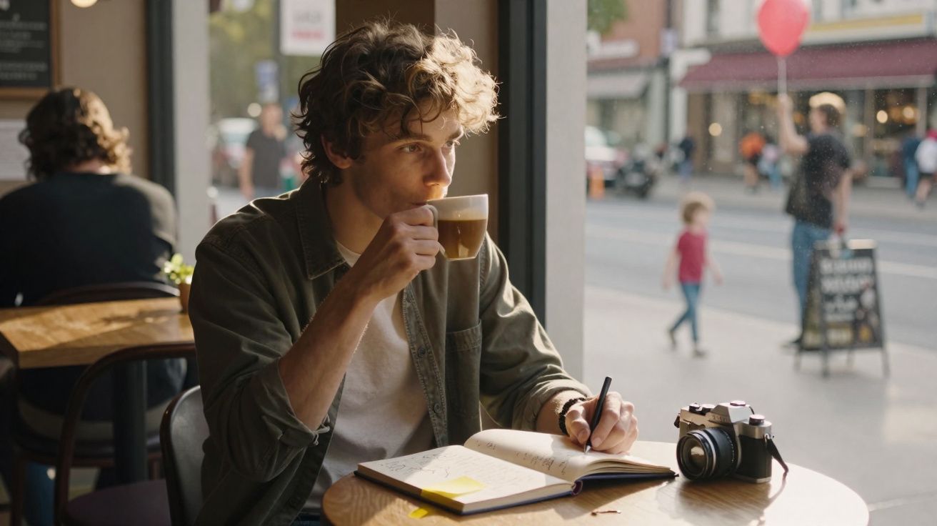 Jovem sentado numa cafetaria a beber café e a escrever num caderno com uma câmera fotográfica sobre a mesa.