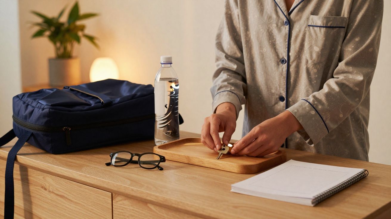 Pessoa em pijama a colocar chave numa bandeja numa mesa com mochila, garrafa de água, óculos e caderno.
