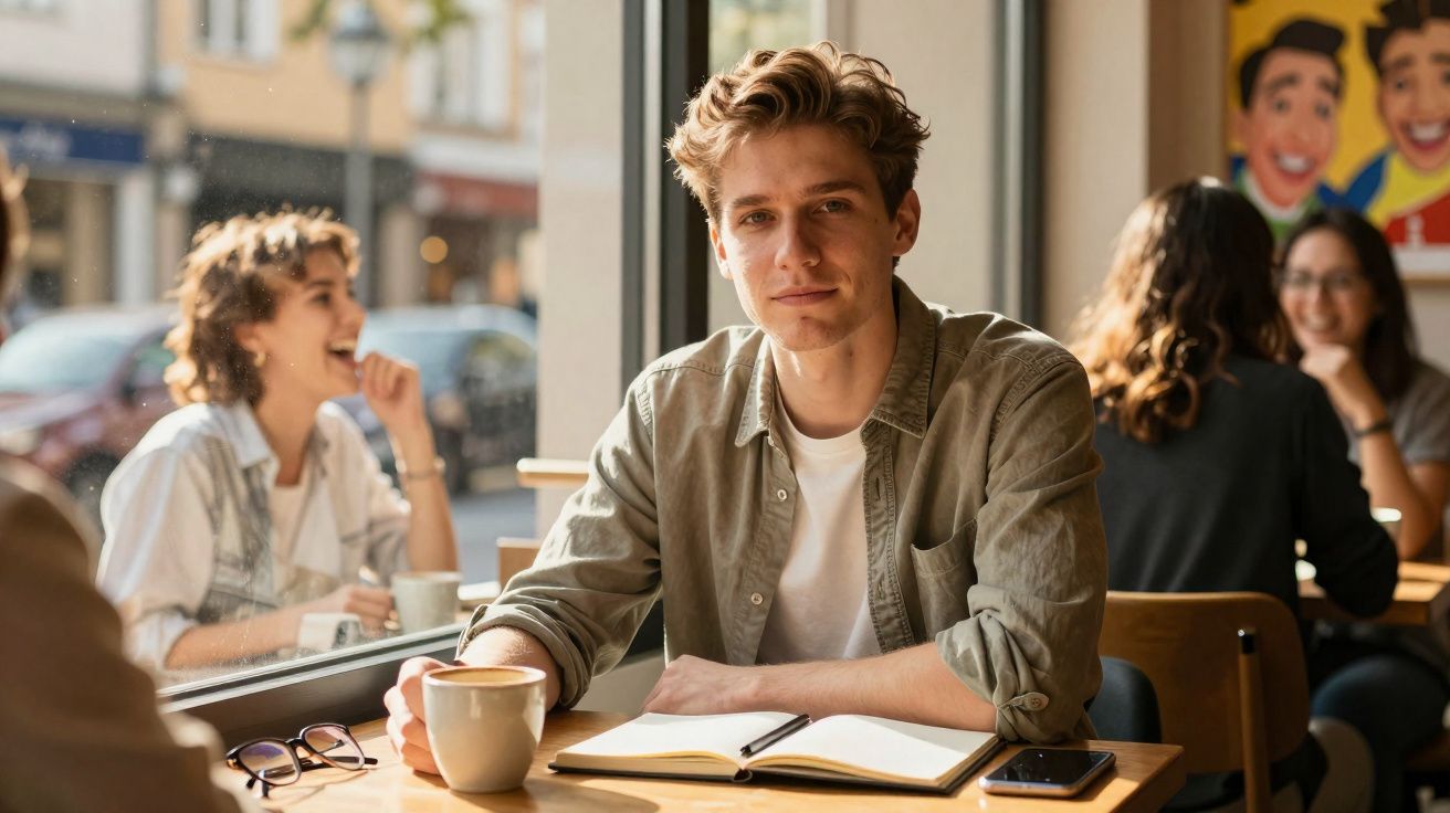 Jovem sentado num café com chávena, caderno aberto e telemóvel, olhando para a câmara com luz natural.