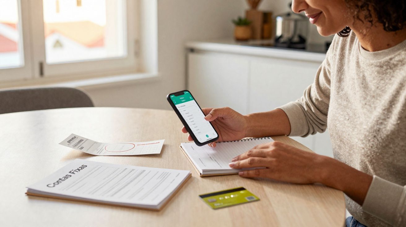 Pessoa a consultar aplicação bancária no telemóvel, com documentos e cartão bancário sobre a mesa.