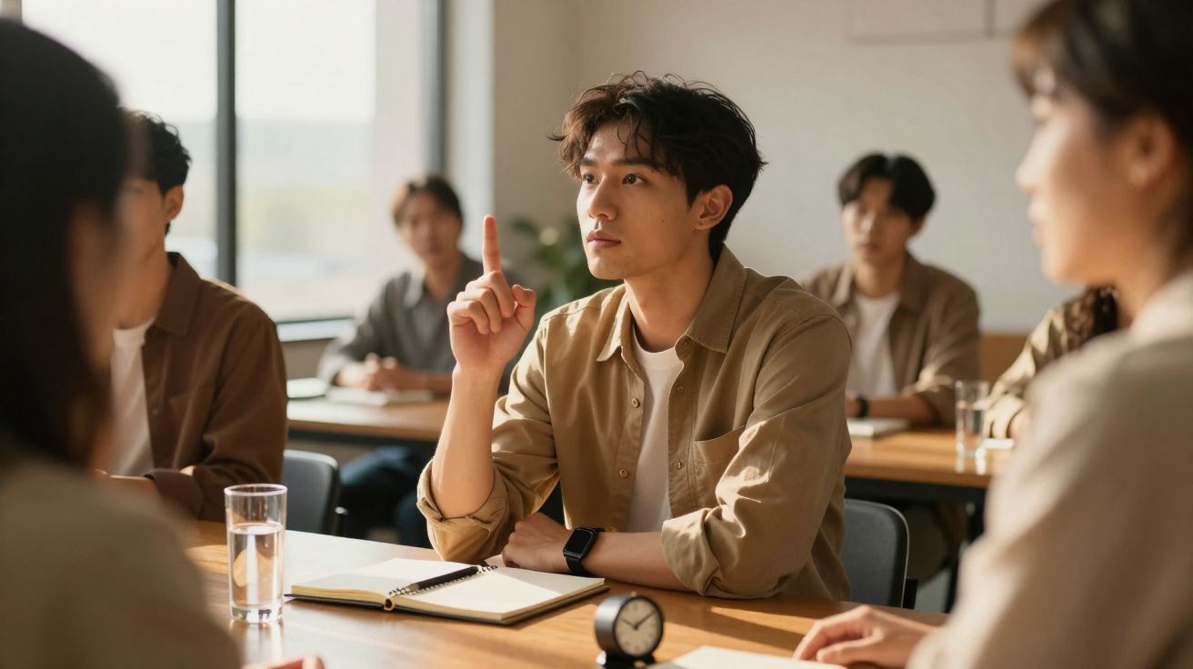 Jovem aluno com a mão levantada durante aula numa sala com outros estudantes atentos.