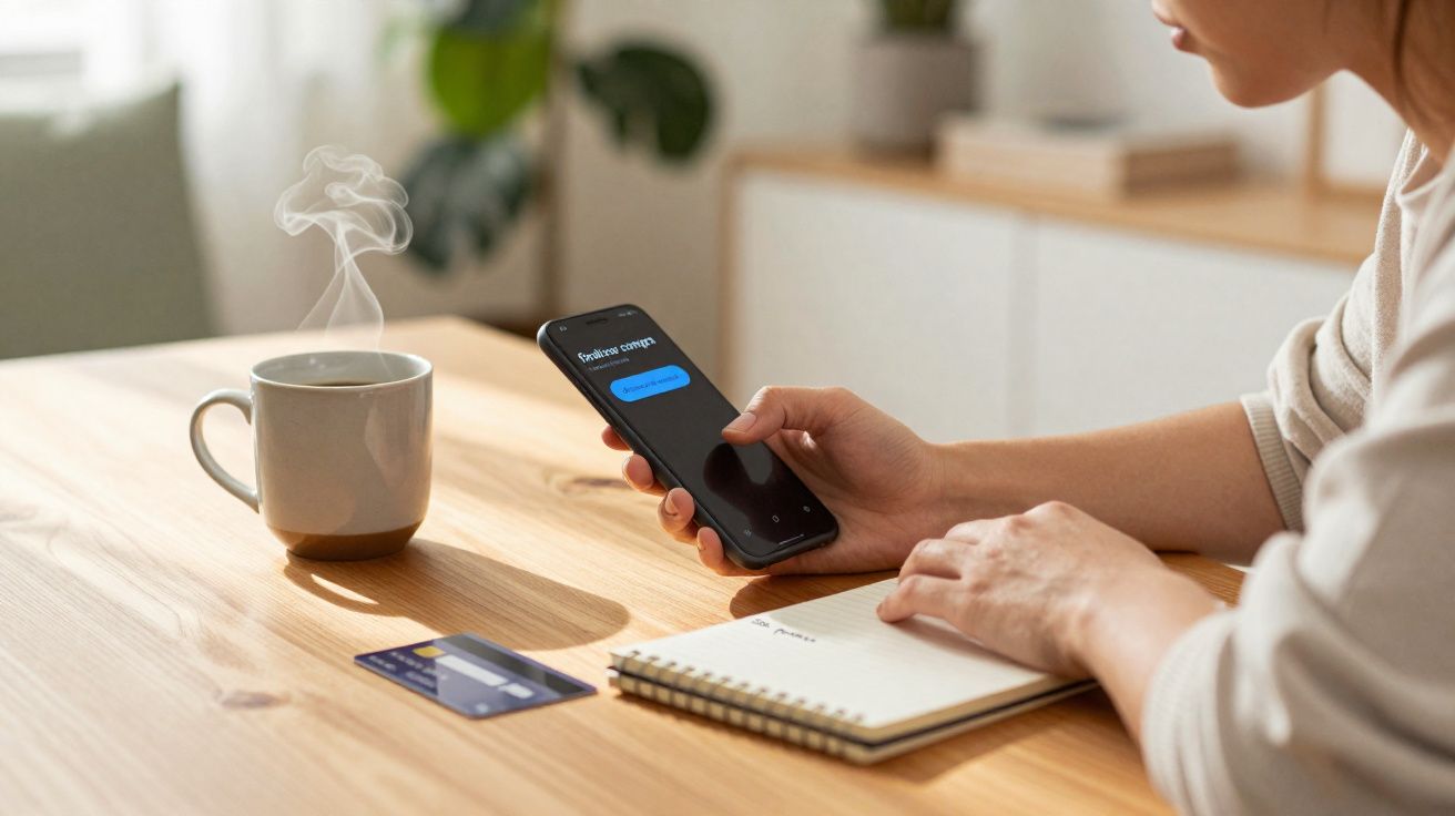 Pessoa a usar telemóvel com opção para proceder à compra, cartão de crédito, caderno e chá quente numa mesa de madeira.