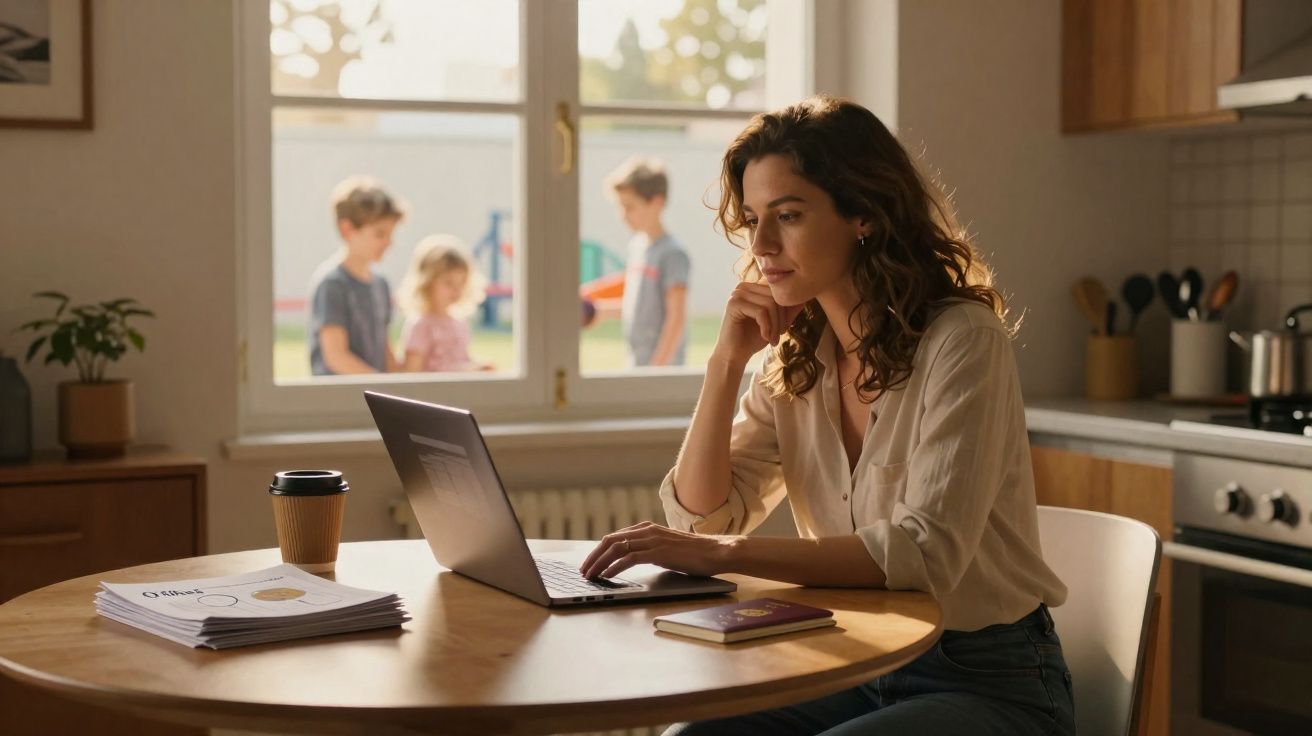Mulher a trabalhar num portátil na cozinha, com três crianças a brincar fora da janela.