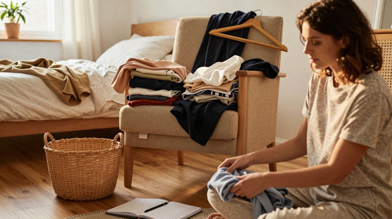 Mulher a dobrar roupa sentada no chão de um quarto com cadeira, cama e cesto de roupa.