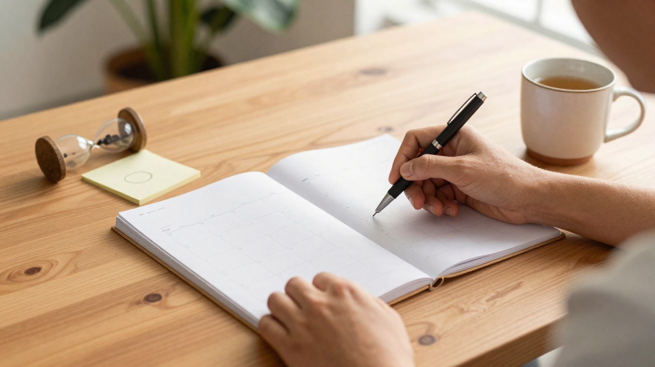 Pessoa a escrever num calendário aberto numa secretária de madeira com uma caneca de chá.