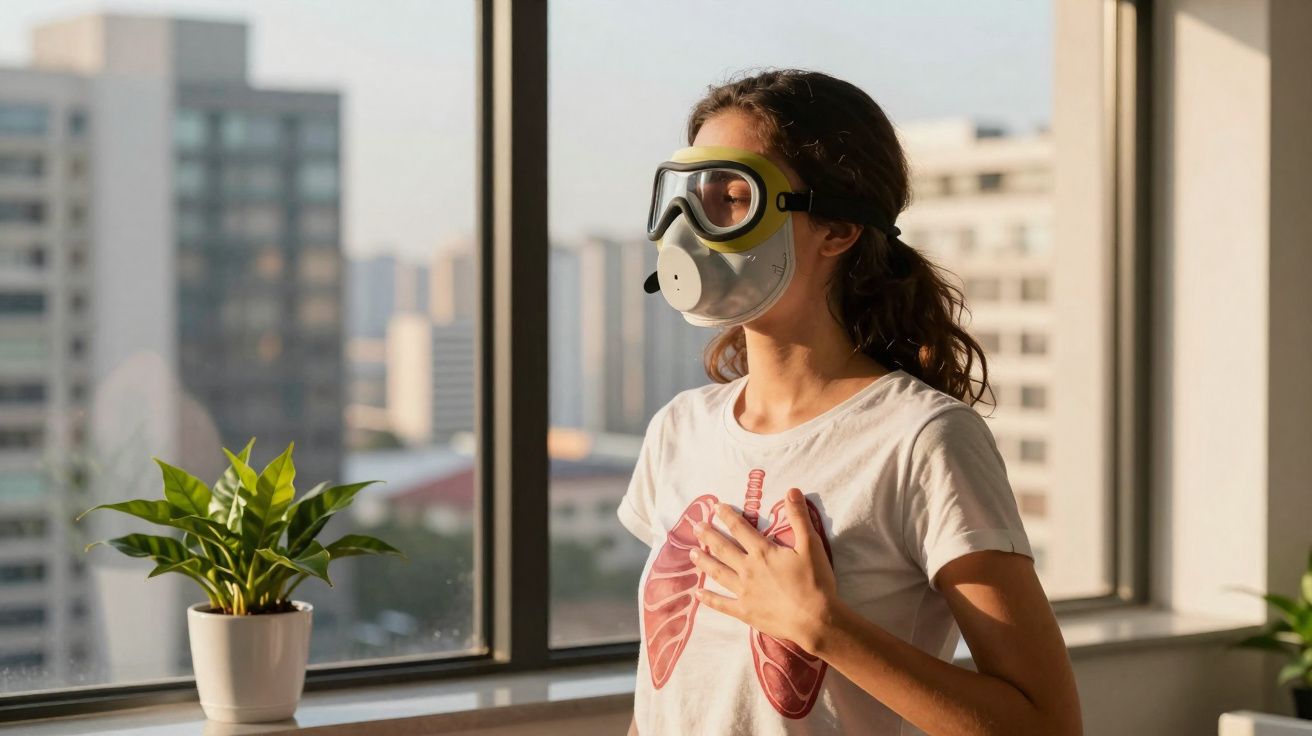 Mulher com máscara de proteção respiratória encostada à janela, vestindo t-shirt com ilustração de pulmões.