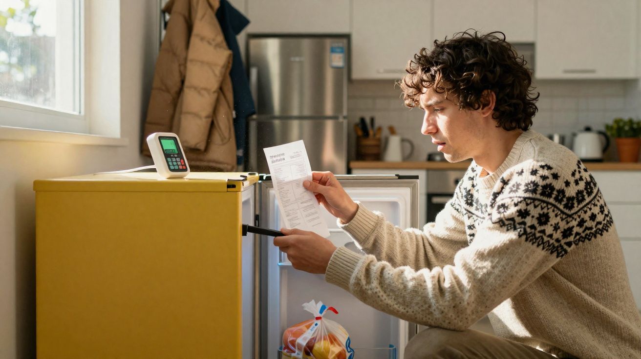 Homem com camisola bege verifica uma fatura energética junto ao frigorífico aberto na cozinha.