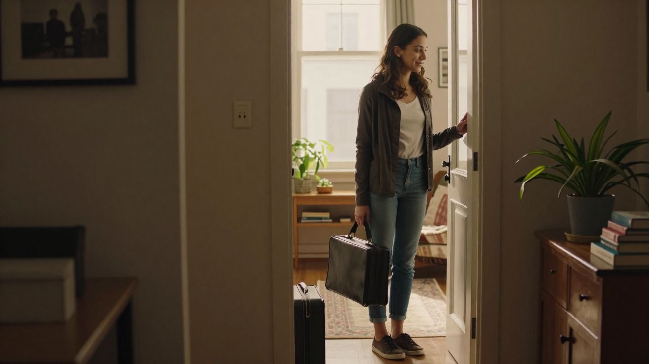 Mulher sorridente entra em casa com uma mala, num ambiente acolhedor e iluminado pela janela.