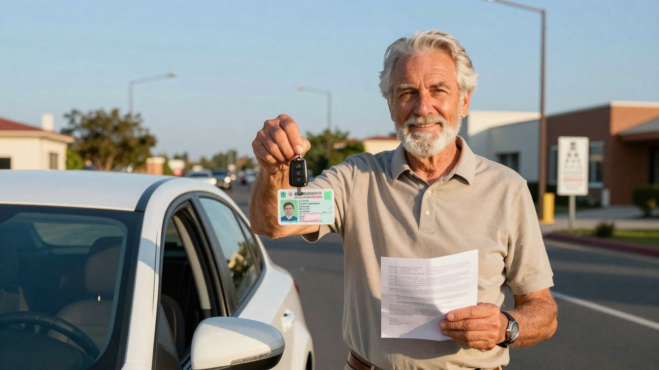 Homem idoso na rua, sorrindo, a segurar carta de condução, chaves de carro e documento perante automóvel branco.