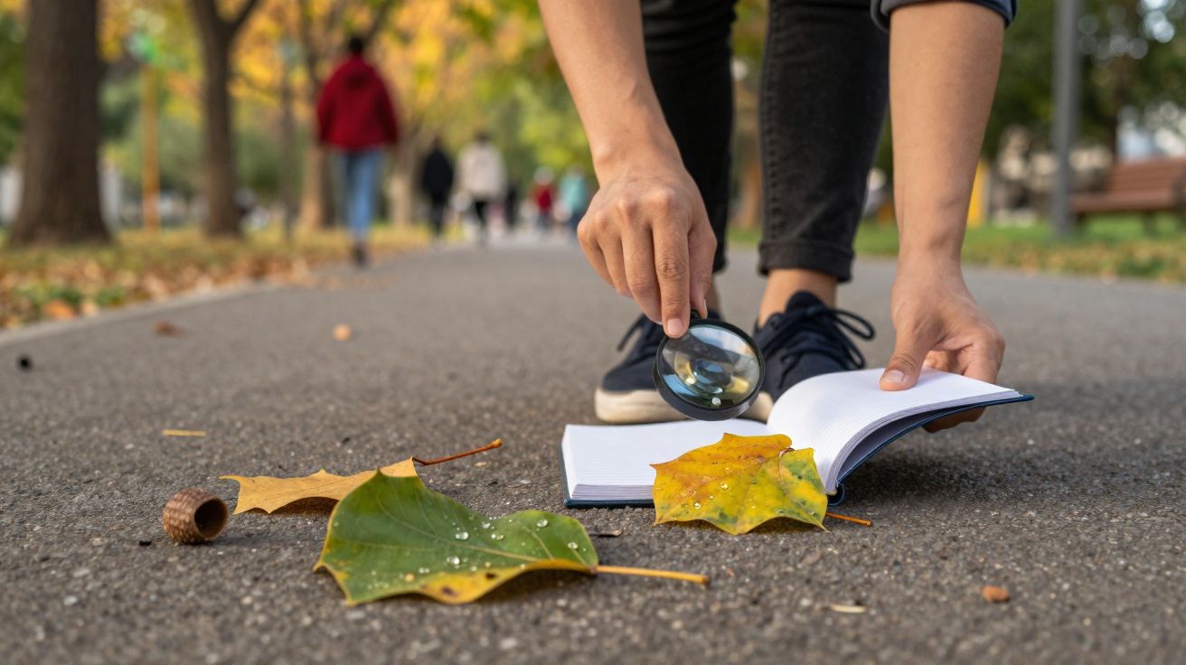 Pessoa com lupa e caderno a examinar folhas de outono numa calçada com árvores ao fundo.