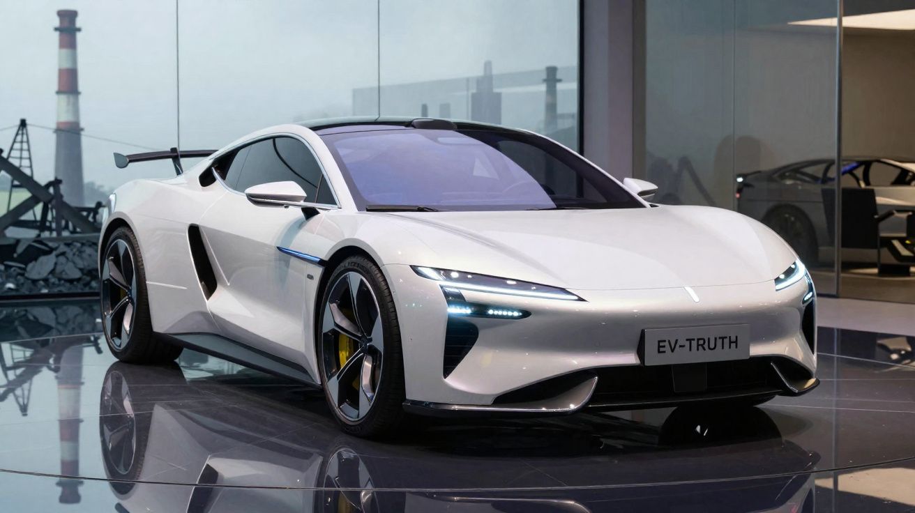 Carro desportivo elétrico branco EV-TRUTH apresentado numa exposição moderna com piso refletor.