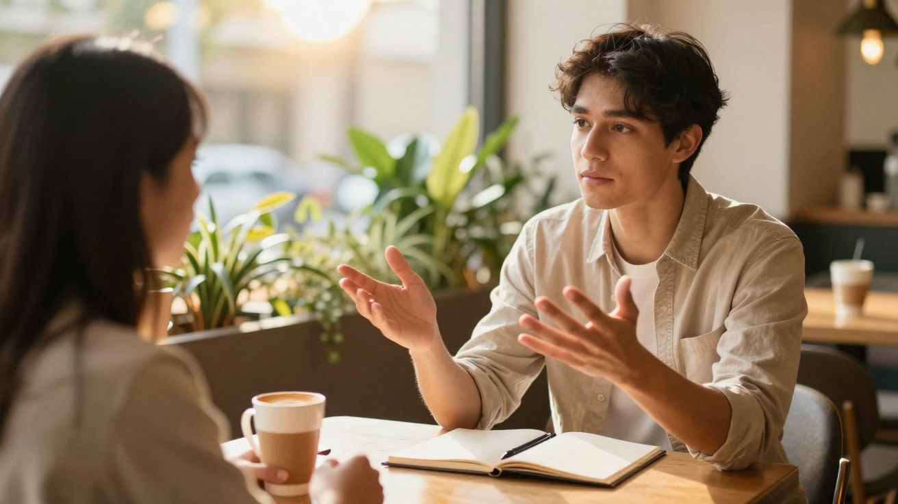 Jovem conversa atentamente com mulher numa cafetaria, tendo um caderno aberto e uma bebida na mesa.