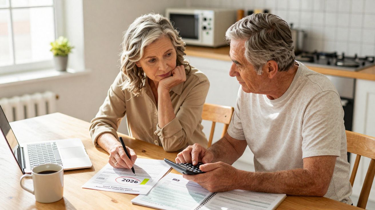 Casal sénior a discutir finanças com calculadora e documentos numa cozinha iluminada.