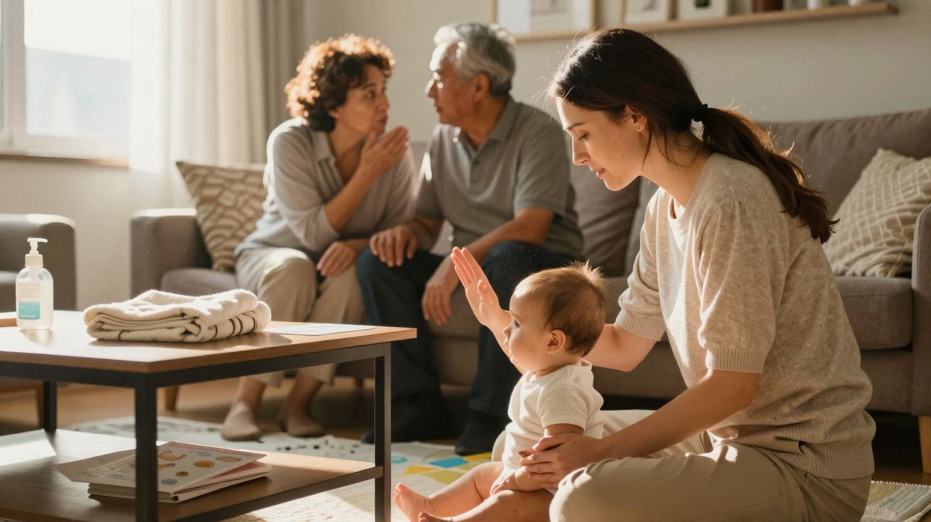 Bebé sentado no chão com mãe, enquanto casal idoso conversa no sofá numa sala iluminada.