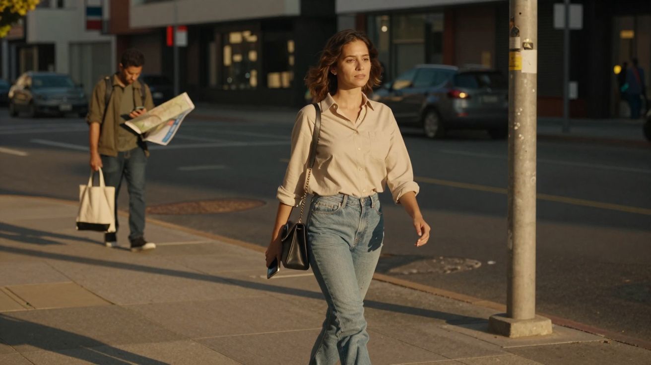 Mulher a caminhar na calçada urbana ao entardecer, segura bolsa e telemóvel, homem ao fundo com mapa.
