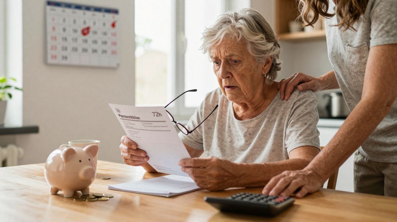 Idosa preocupada a analisar uma fatura com apoio de uma pessoa ao seu lado numa cozinha.