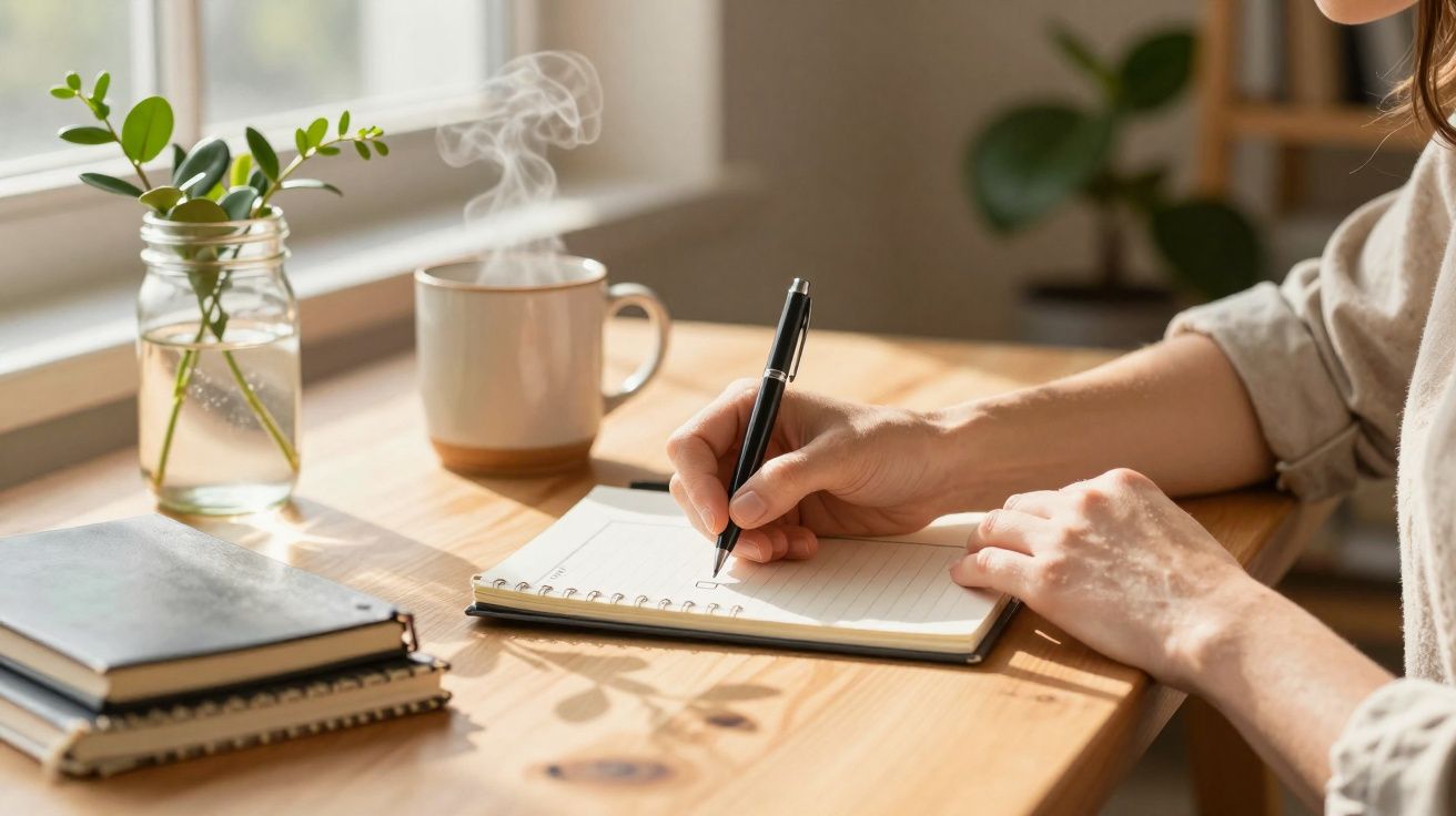 Pessoa a escrever num bloco de notas numa mesa de madeira com caneca de café e jarro com plantas.