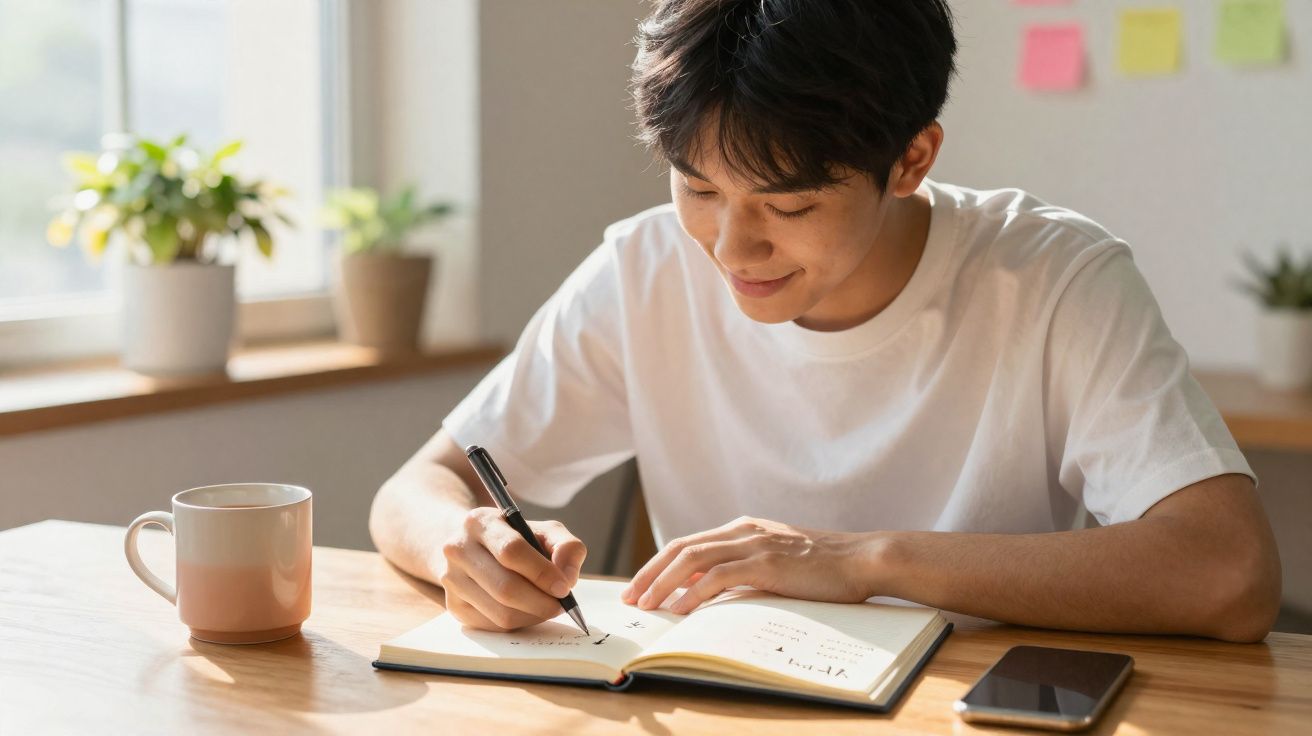 Jovem sentado à mesa a escrever num caderno com caneca, telemóvel e plantas ao fundo.