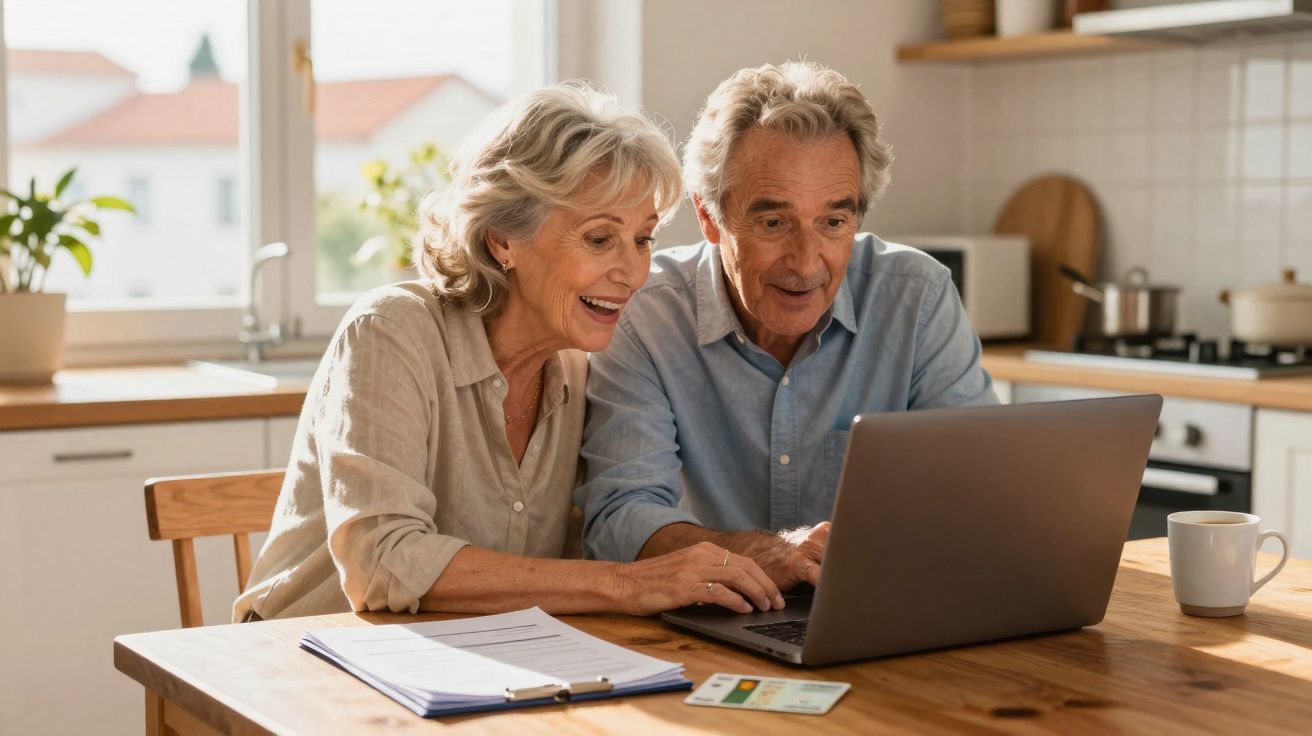 Casal sénior alegre a utilizar portátil numa cozinha com documentos e cartão em cima da mesa.