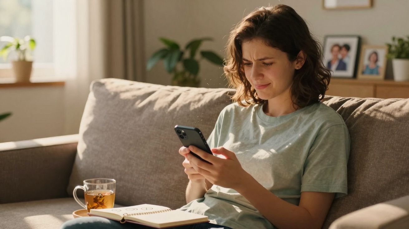 Mulher sentada no sofá a olhar preocupada para o telemóvel, com chá e caderno ao lado.