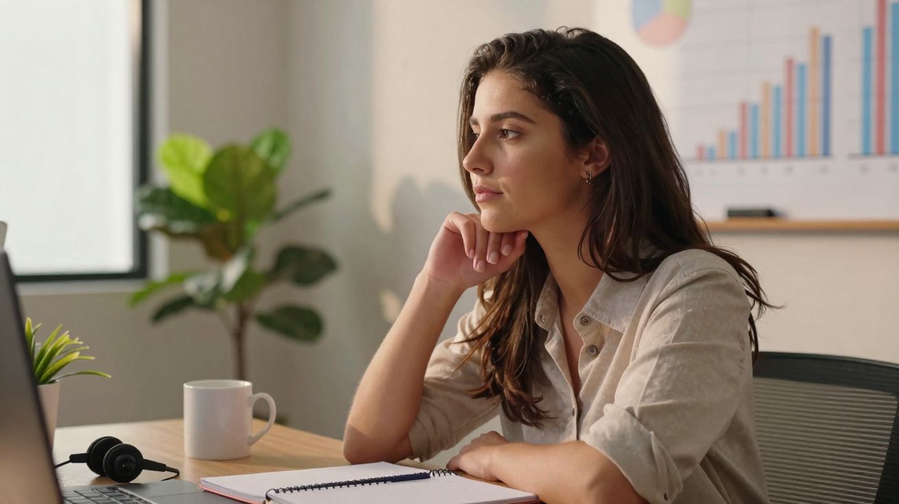 Mulher jovem a olhar para o computador, sentada numa mesa com caderno e chávena num escritório.