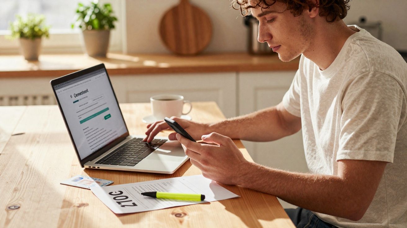 Jovem a trabalhar com portátil, telemóvel e documentos na mesa de madeira numa cozinha iluminada.
