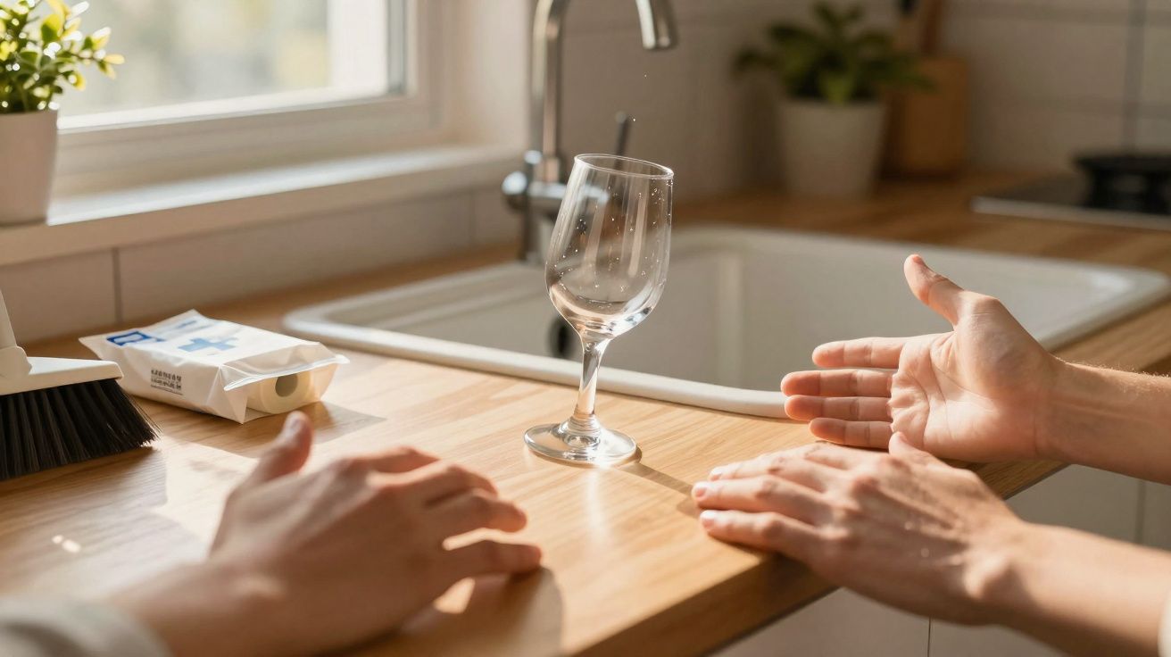 Duas pessoas conversam numa cozinha com um copo de vidro vazio numa bancada de madeira junto à pia.