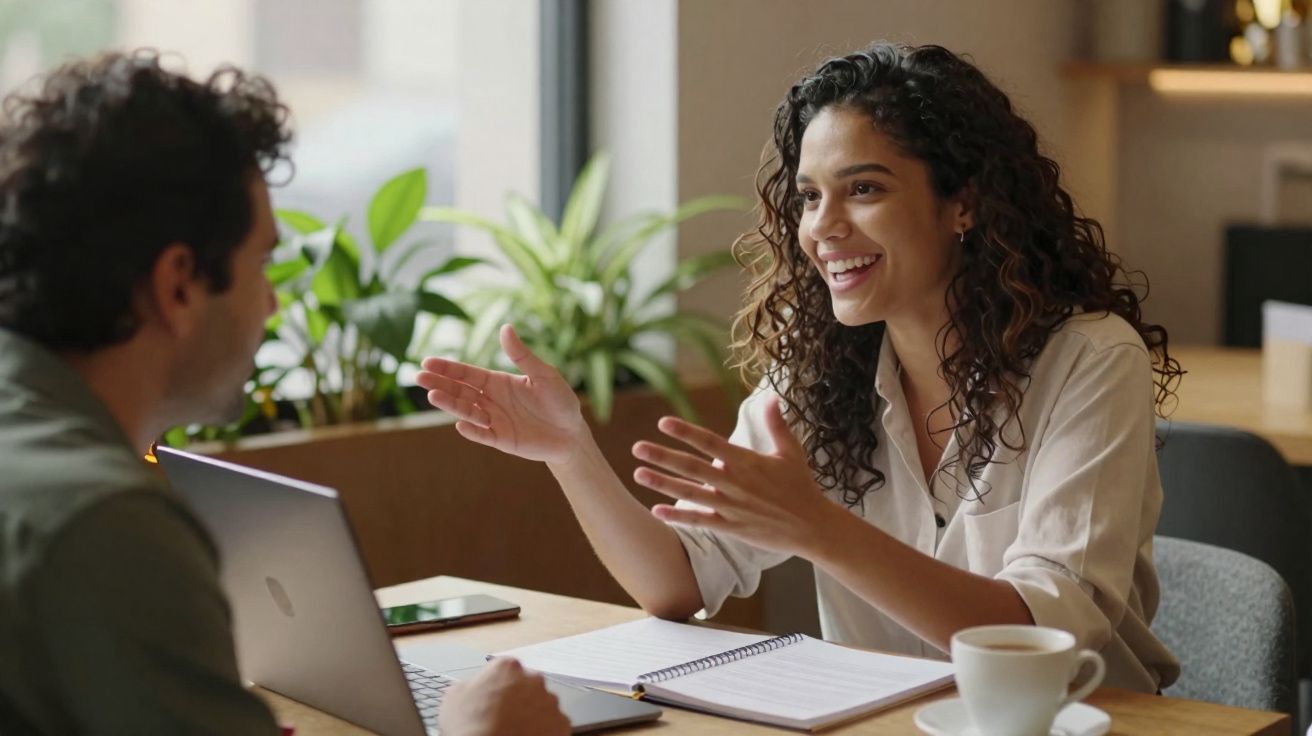 Duas pessoas conversam animadamente numa mesa com computador, caderno e chávena num ambiente iluminado.