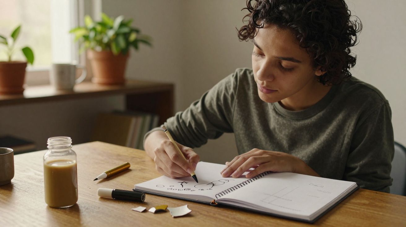 Pessoa a desenhar e escrever num caderno numa mesa com bebidas e plantas ao fundo.
