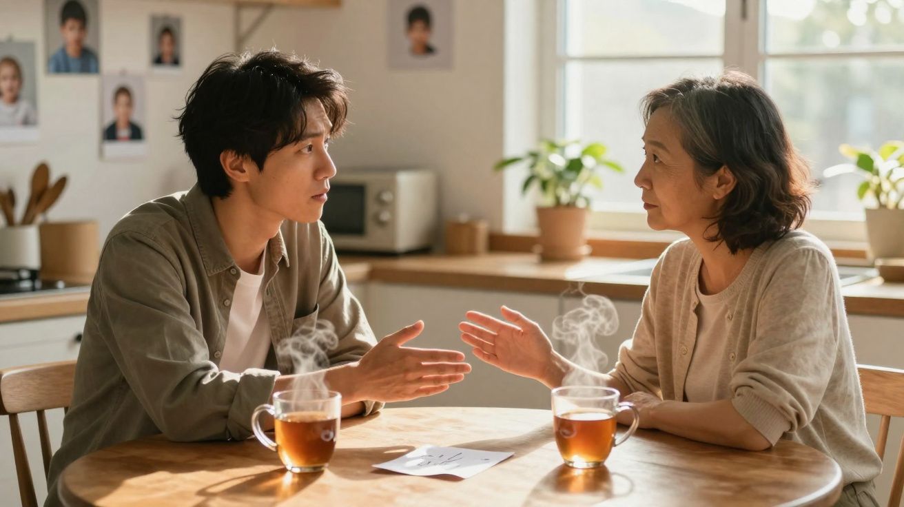 Dois adultos sentados à mesa na cozinha a conversar com duas chávenas de chá quente.