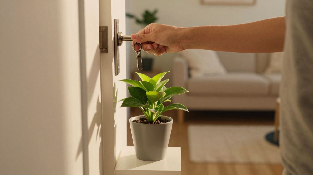 Mão a abrir porta com chave, planta em vaso cinza e sofá desfocado ao fundo numa sala acolhedora.