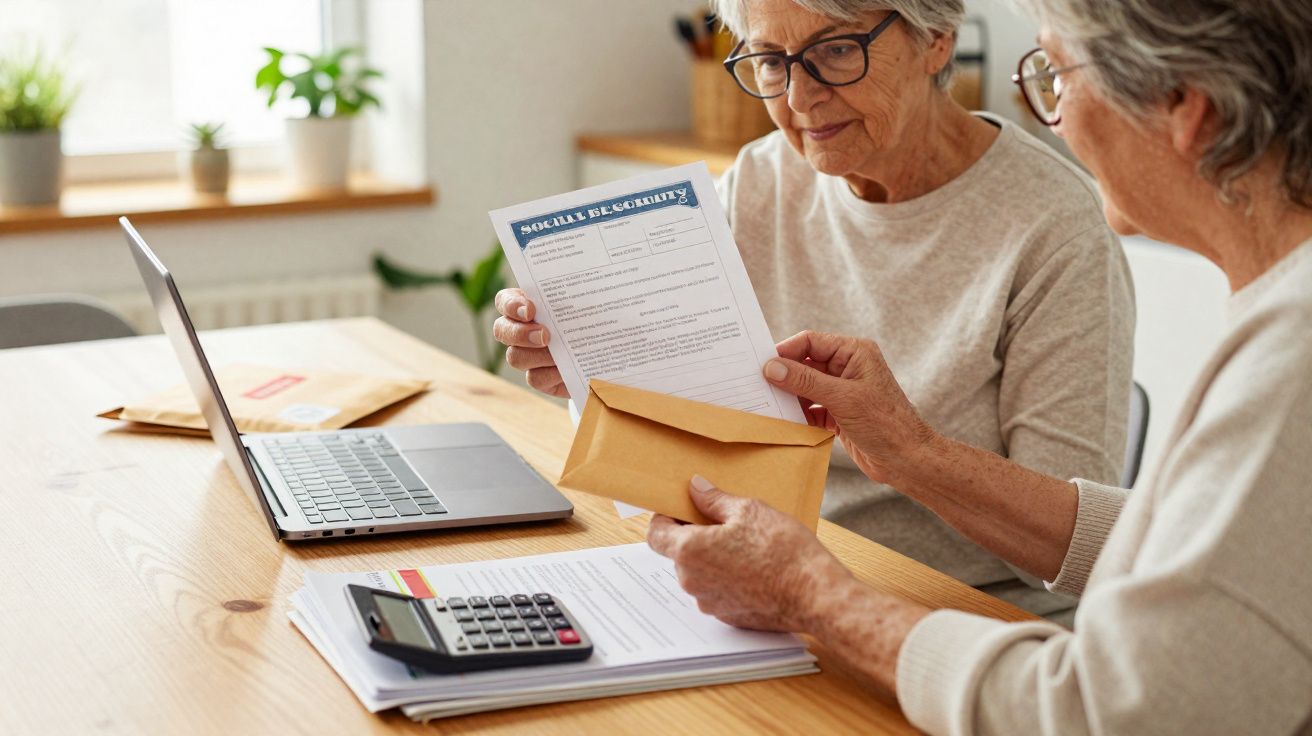 Duas idosas com óculos analisam um documento de segurança social na mesa com computador e calculadora.