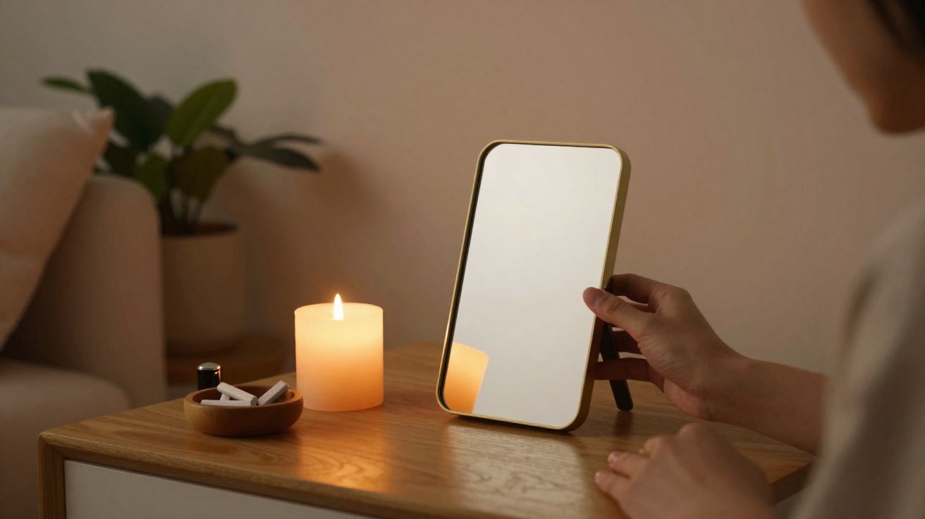 Pessoa a segurar espelho sobre mesa com vela acesa e plantas em ambiente acolhedor e suave iluminação.