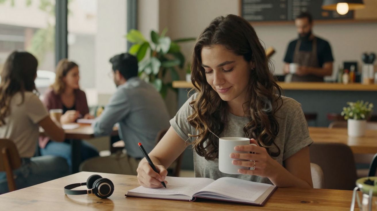 Jovem mulher em café a escrever num caderno enquanto segura uma chávena, com auriculares ao lado.