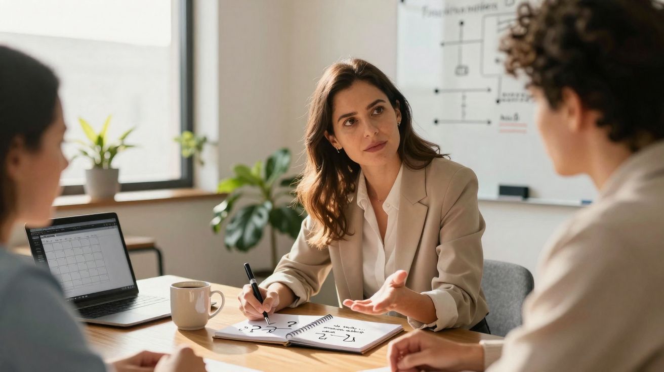 Mulher numa reunião explica conceitos escritos em caderno a duas pessoas num escritório iluminado.