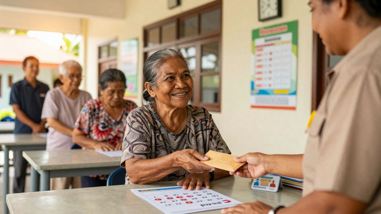 Idosos fazem fila para receber envelopes numa instituição de assistência social.