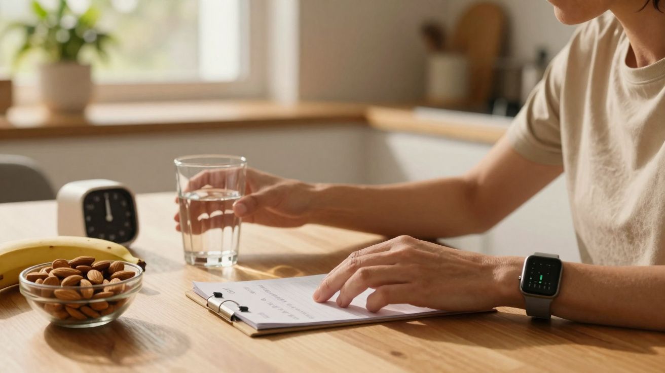Pessoa a beber um copo de água e a consultar um plano de exercícios numa mesa com banana e amêndoas.