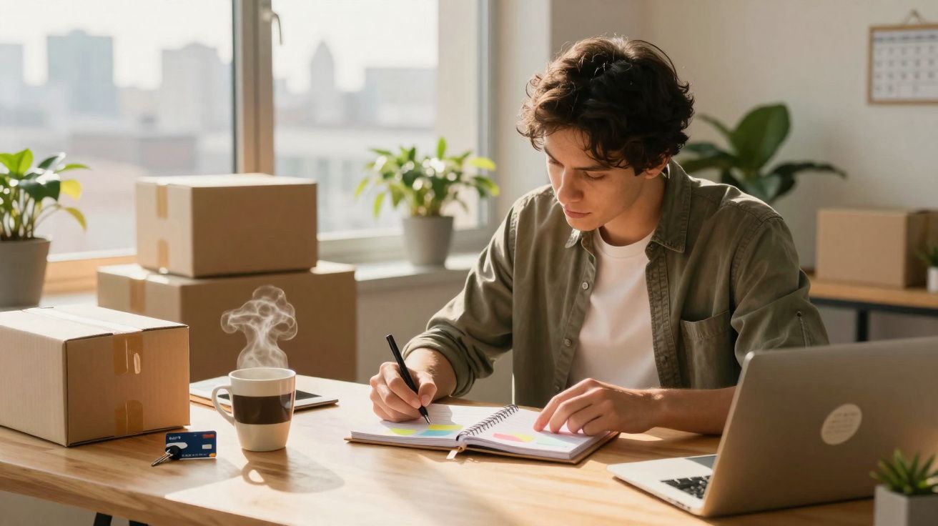 Homem jovem a trabalhar numa mesa com cadernos, computador, caixas de cartão e chá quente numa sala iluminada.