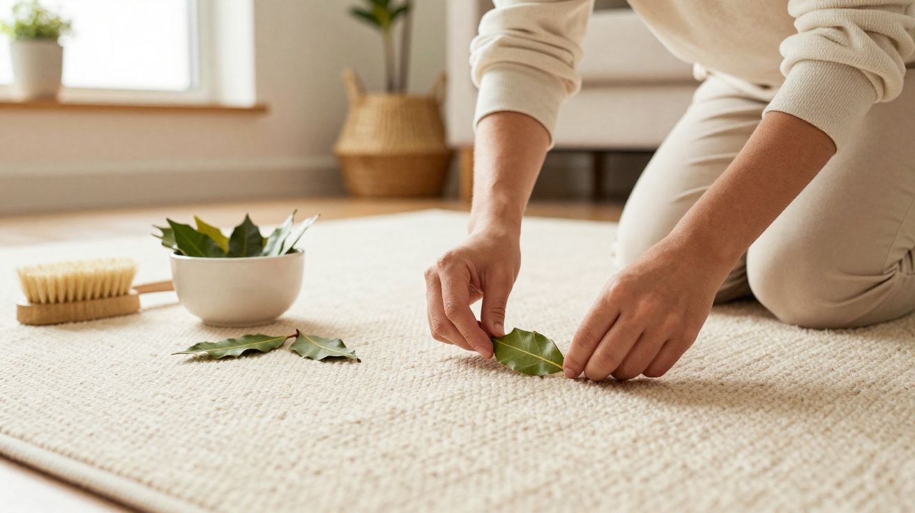 Pessoa a limpar folhas de um tapete claro num ambiente interior com luz natural.