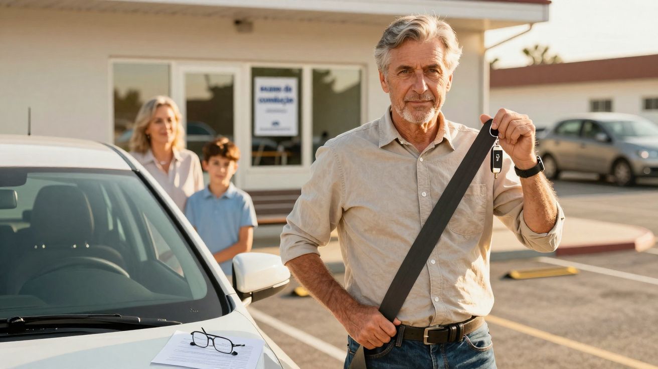 Homem maduro coloca cinto de segurança num parque de estacionamento, mulher e criança ao fundo perto de carro branco.