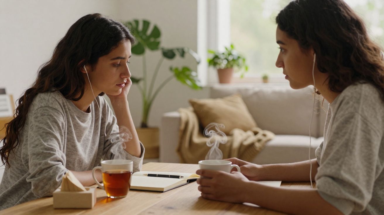 Duas mulheres com auscultadores, sentadas à mesa a beber chá e conversar num ambiente caseiro acolhedor.