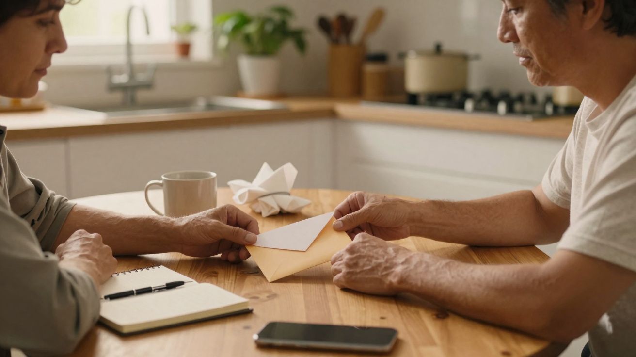 Duas pessoas sentadas à mesa da cozinha trocando uma carta, com caderno, caneta e telemóvel à frente.