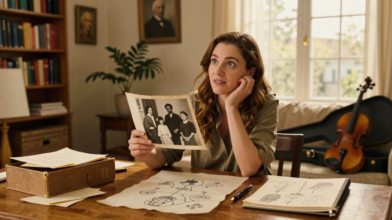 Mulher sentada à mesa, a olhar para foto antiga, rodeada de desenhos científicos e um violino no fundo.