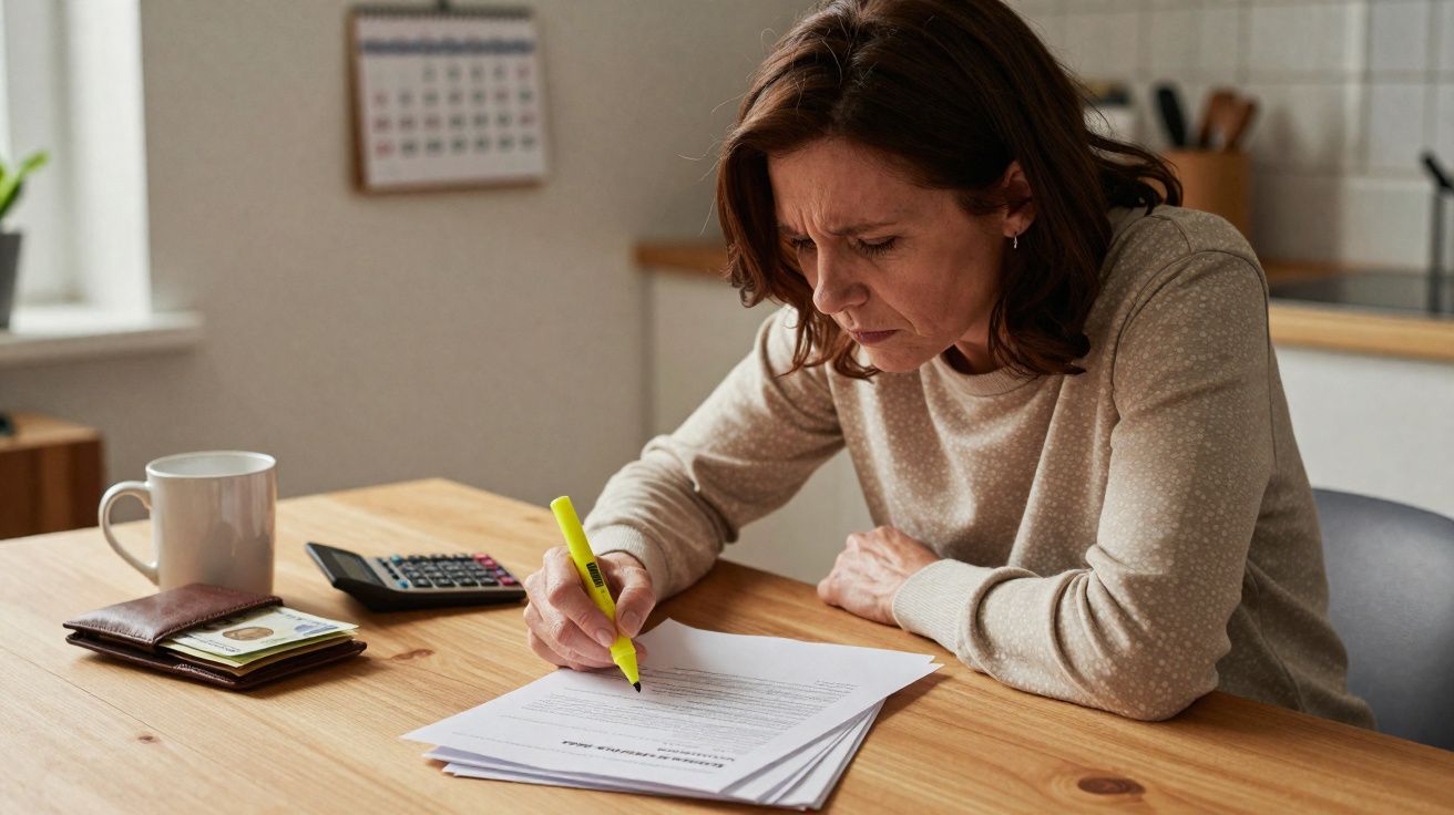 Mulher a sublinhar documento com marcador amarelo num ambiente doméstico, mesa com carteira, calculadora e caneca.
