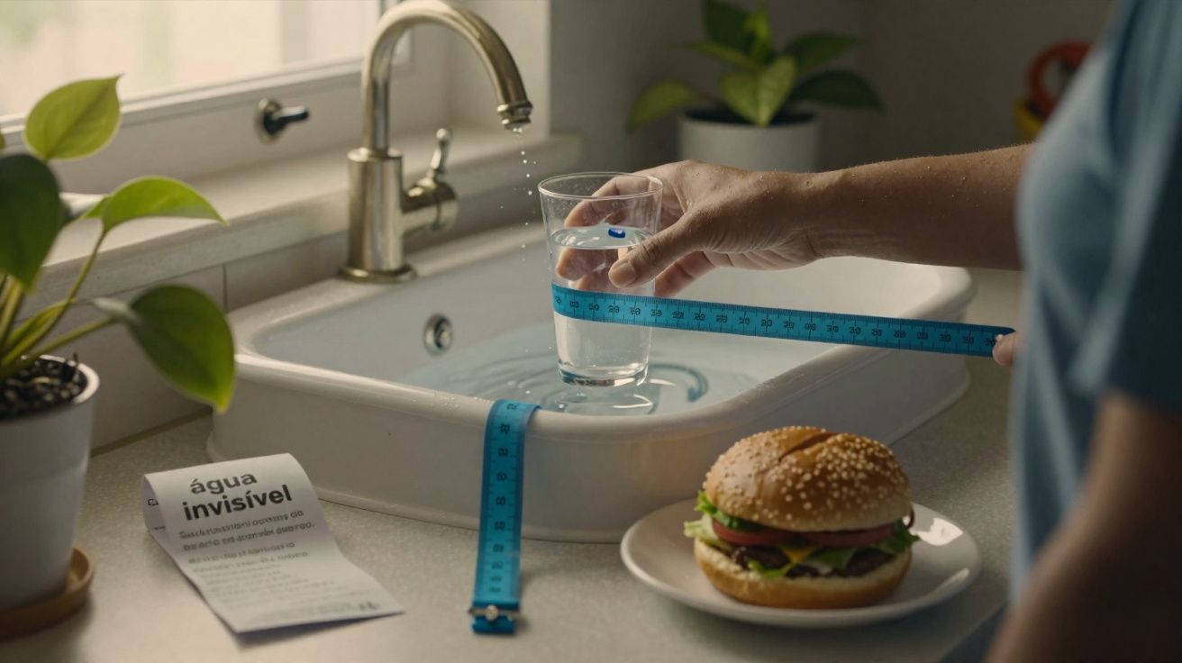 Pessoa a medir um copo de água com fita métrica junto a uma hamburgueria na cozinha.
